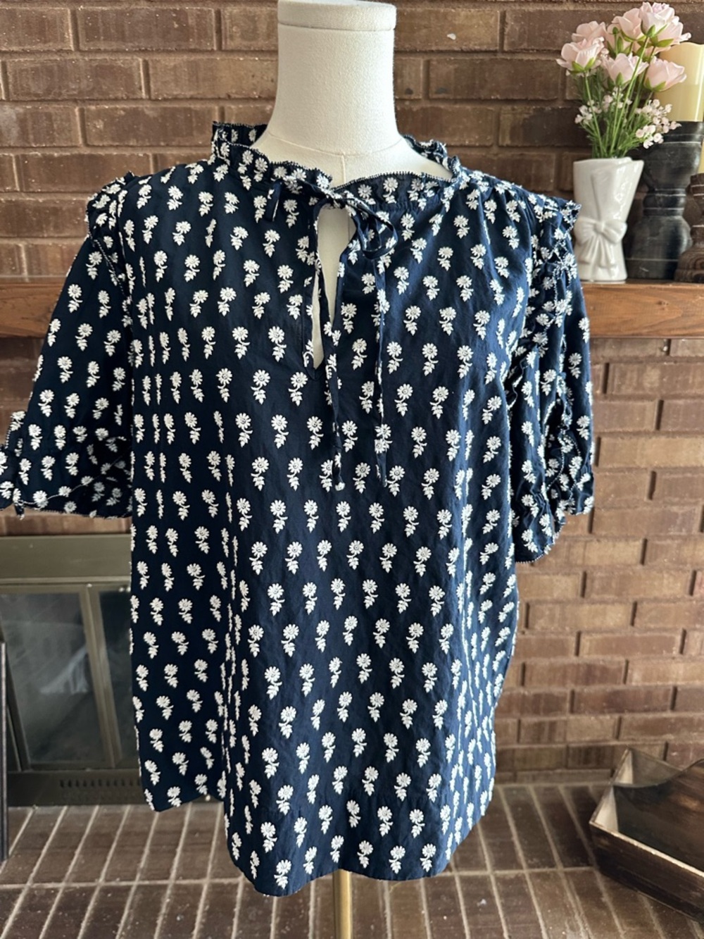 J.Crew Navy Blue Embroidered Floral Tie Neck Ruffle Top Size Large Cottagecore
